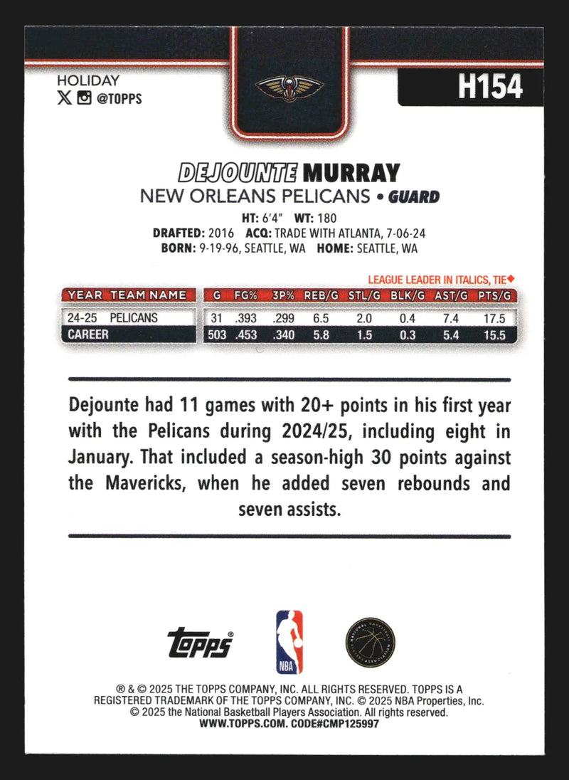 2025-26 Topps Holiday Dejounte Murray #H154 New Orleans Pelicans