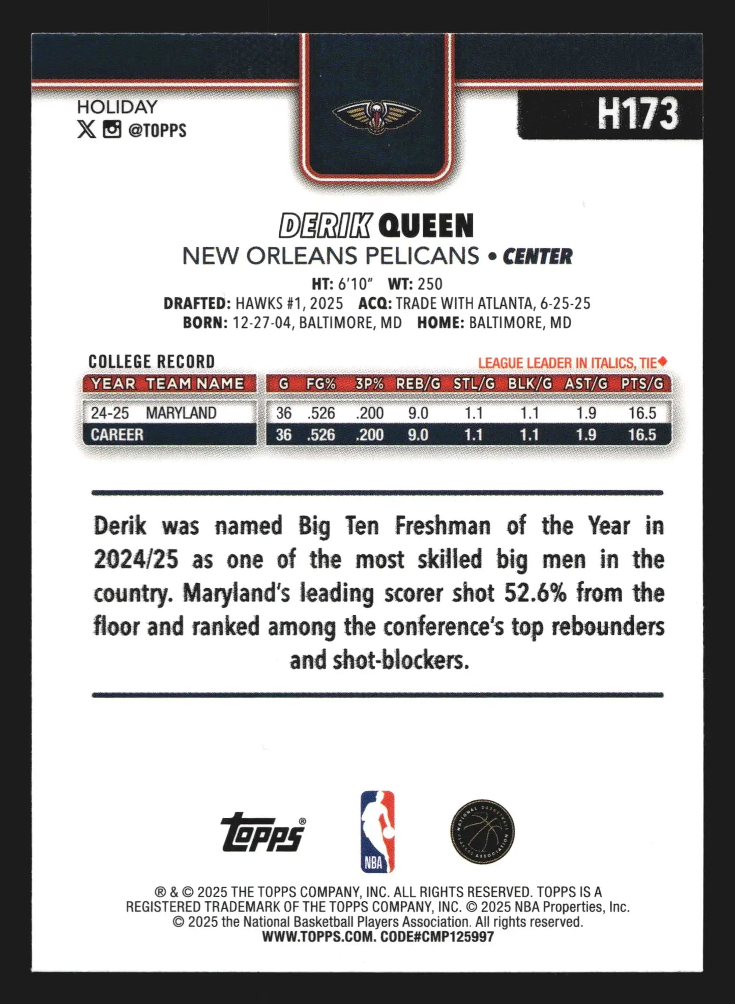 2025-26 Topps Holiday Derik Queen #H173 RC New Orleans Pelicans Rookie