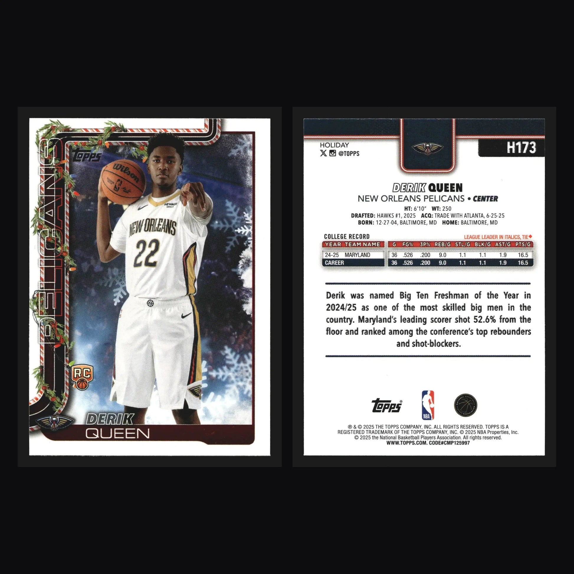2025-26 Topps Holiday Derik Queen #H173 RC New Orleans Pelicans Rookie