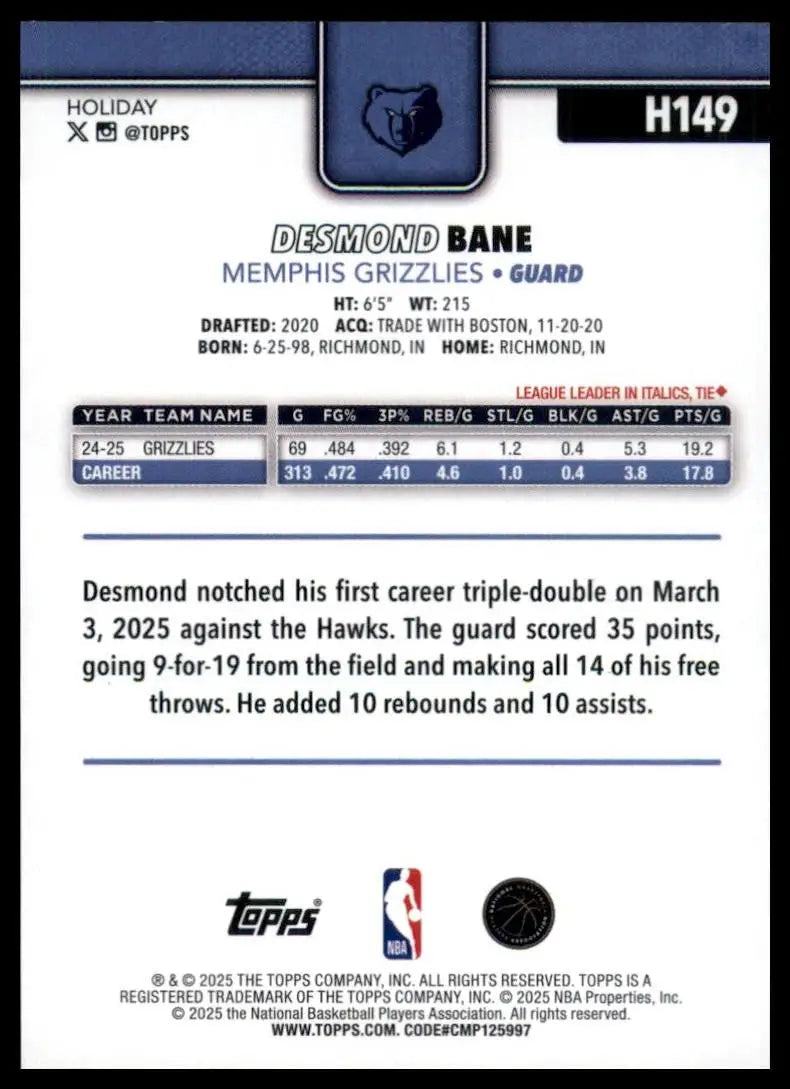 2025-26 Topps Holiday Desmond Bane #H149 Memphis Grizzlies Basketball Card NBA - Basketball Card Single