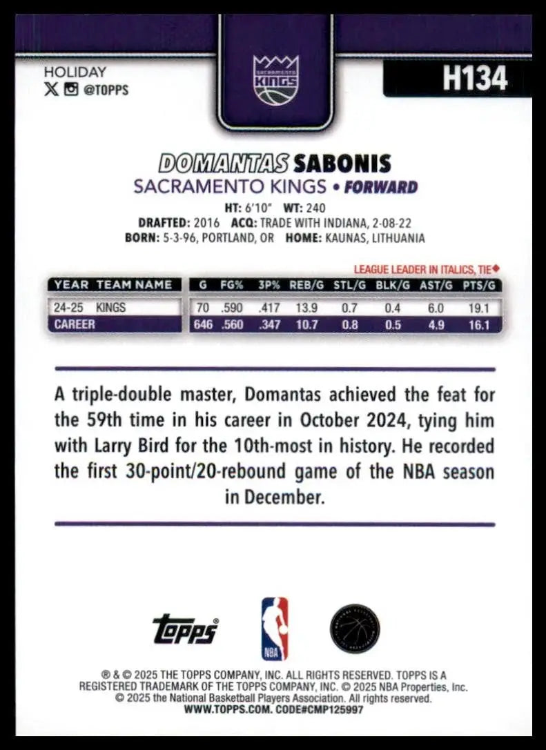 2025-26 Topps Holiday Domantas Sabonis #H134 Sacramento Kings Basketball Card - Basketball Card Single
