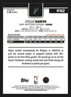 2025-26 Topps Holiday Dylan Harper #H162 RC Rookie San Antonio Spurs - Basketball Card Single
