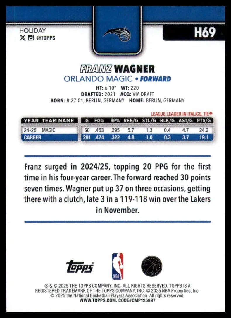 2025-26 Topps Holiday Franz Wagner #H69 Orlando Magic Basketball Card NBA Sports - Basketball Card Single