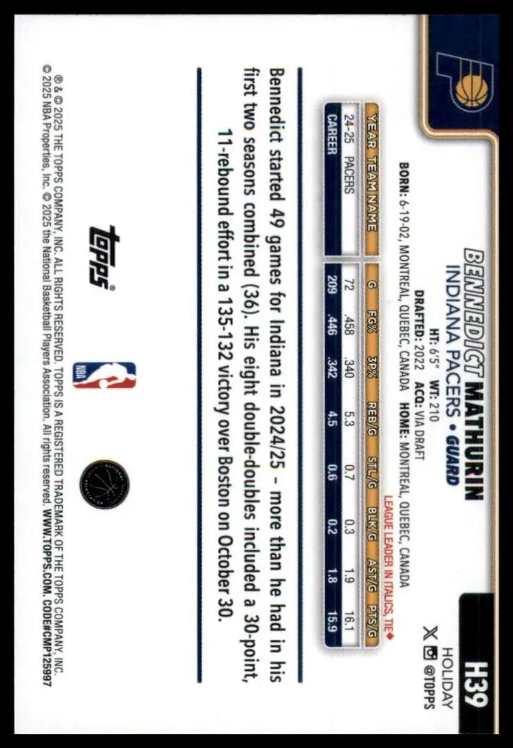2025-26 Topps Holiday Glitter Benedict Mathurin #H39 Indiana Pacers Basketball