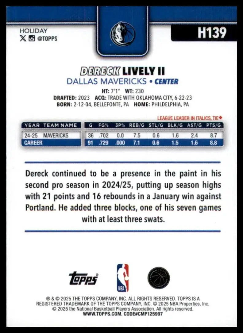2025-26 Topps Holiday Glitter Dereck Lively II #H139 Dallas Mavericks Basketball - Basketball Card Single