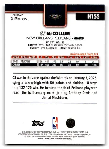 2025-26 Topps Holiday Glitter Holiday #H155 CJ McCollum NM-MT Pelicans ID:80866 - Basketball Card Single