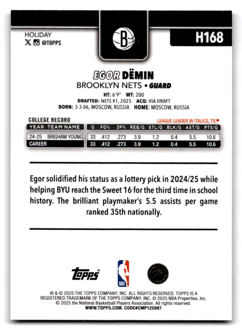 2025-26 Topps Holiday Glitter Holiday #H168 Egor Demin NM-MT RC Rookie ID:80868 - Basketball Card Single