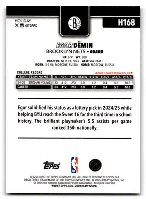 2025-26 Topps Holiday Glitter Holiday #H168 Egor Demin NM-MT RC Rookie ID:80868 - Basketball Card Single