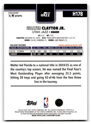 2025-26 Topps Holiday Glitter Holiday #H178 Walter Clayton Jr. NM-MT RC ID:80869 - Basketball Card Single