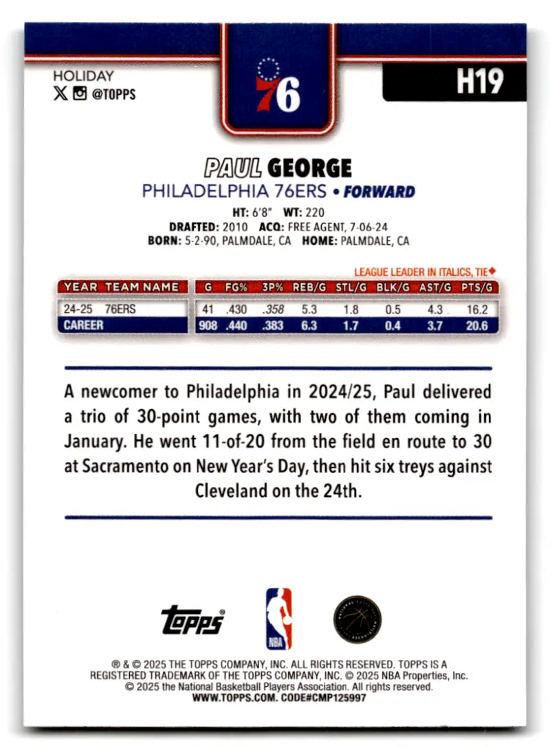 2025-26 Topps Holiday Glitter Holiday #H19 Paul George NM-MT 76ers ID:80855 - Basketball Card Single