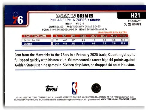 2025-26 Topps Holiday Glitter Holiday #H21 Quentin Grimes NM-MT 76ers ID:80856 - Basketball Card Single