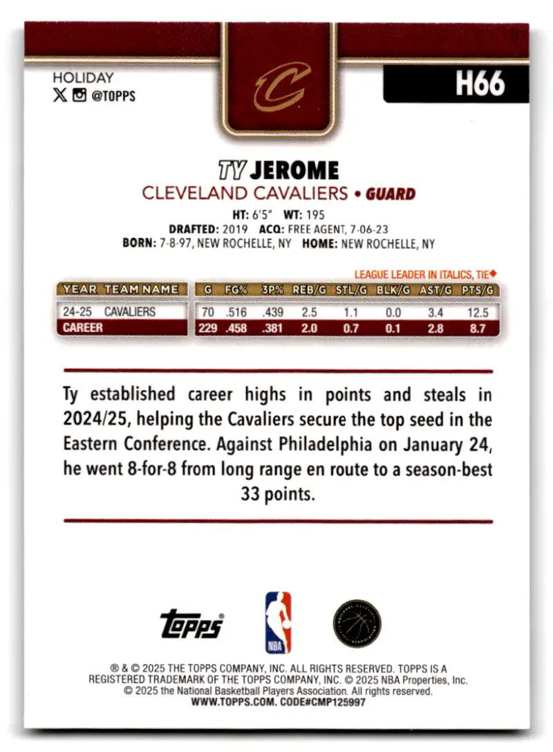 2025-26 Topps Holiday Glitter Holiday #H66 Ty Jerome NM-MT Cavaliers ID:80858 - Basketball Card Single
