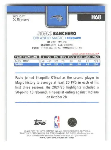 2025-26 Topps Holiday Glitter Holiday #H68 Paolo Banchero NM-MT Magic ID:80859 - Basketball Card Single