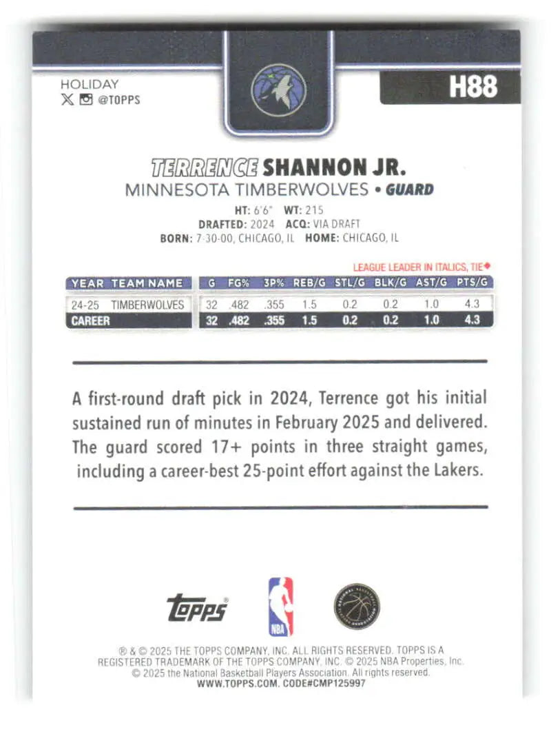 2025-26 Topps Holiday Glitter Holiday #H88 Terrence Shannon Jr. NM-MT T ID:80862 - Basketball Card Single