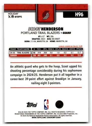 2025-26 Topps Holiday Glitter Holiday #H96 Scoot Henderson NM-MT Blazer ID:80863 - Basketball Card Single