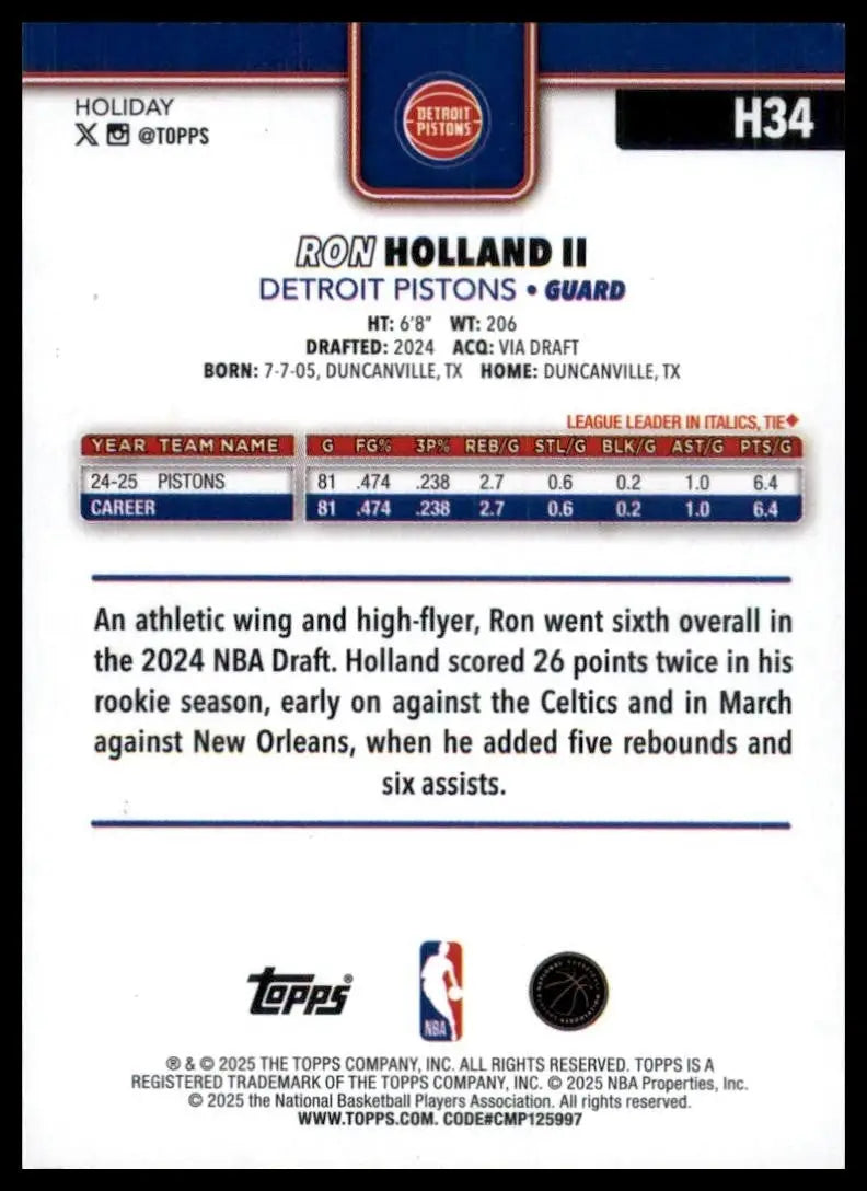 2025-26 Topps Holiday Glitter Ron Holland II #H34 Detroit Pistons Basketball NBA