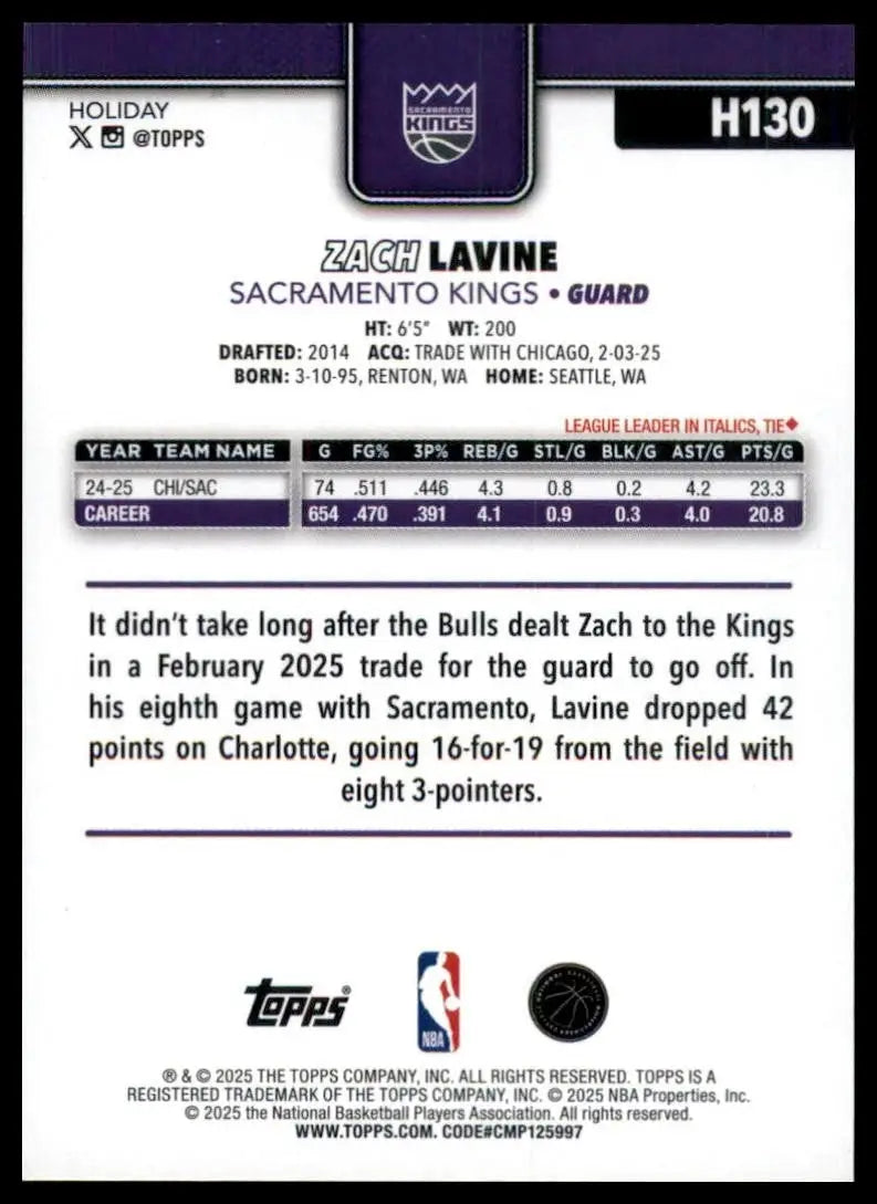 2025-26 Topps Holiday Glitter Zach Lavine #H130 Sacramento Kings Basketball Card - Basketball Card Single