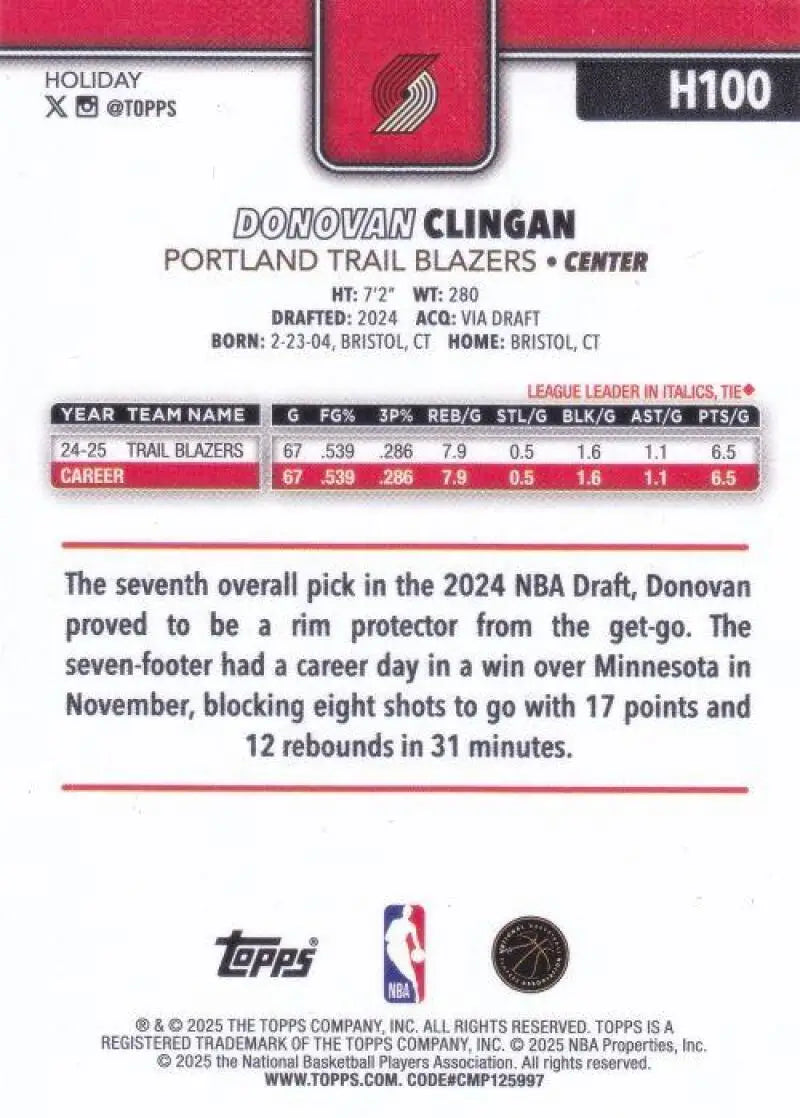 2025-26 Topps Holiday #H100 Donovan Clingan NM-MT Blazers ID:80914 - Basketball Card Single