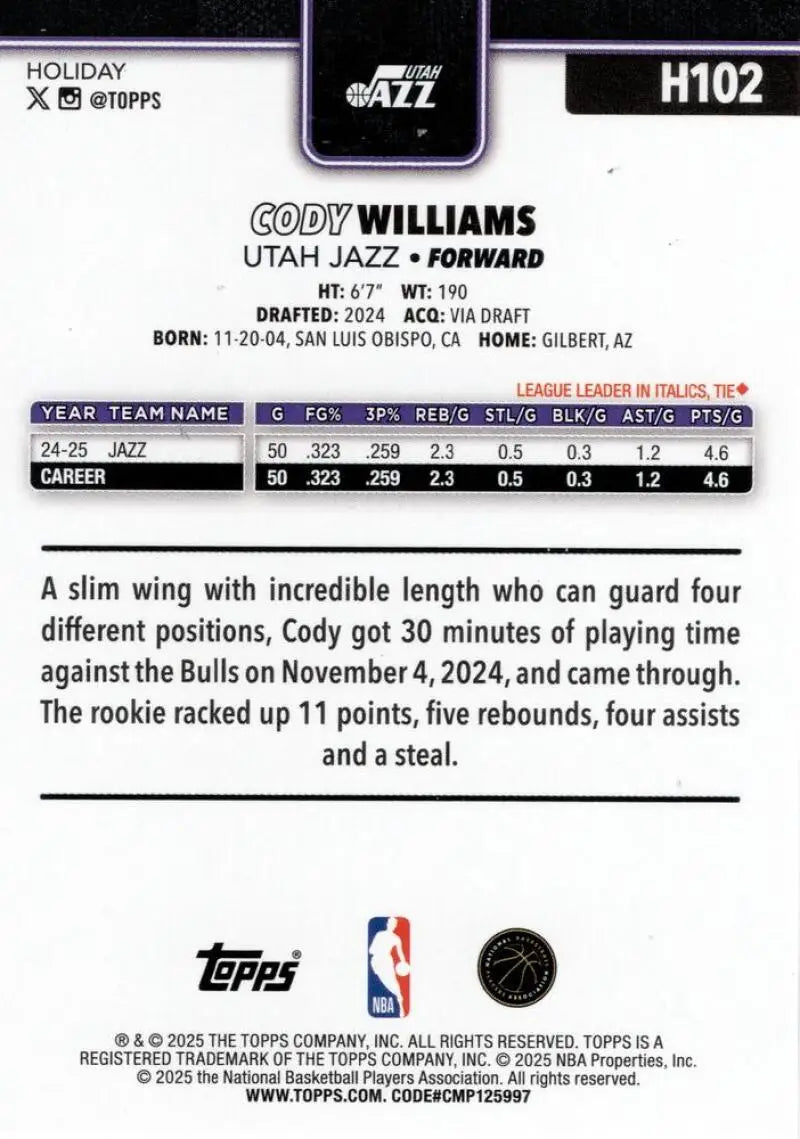2025-26 Topps Holiday #H102 Cody Williams NM-MT Jazz ID:80915 - Basketball Card Single