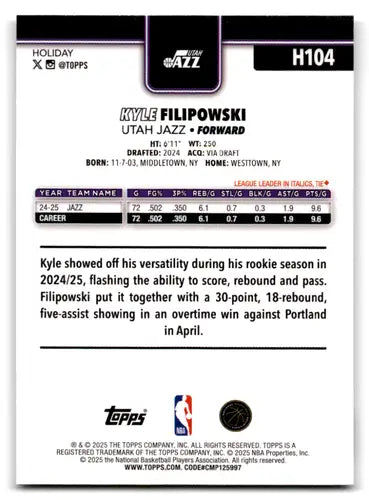 2025-26 Topps Holiday #H104 Kyle Filipowski NM-MT Jazz ID:80916 - Basketball Card Single