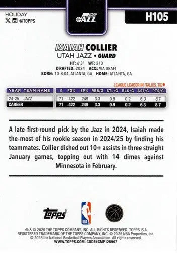 2025-26 Topps Holiday #H105 Isaiah Collier NM-MT Jazz ID:80917 - Basketball Card Single