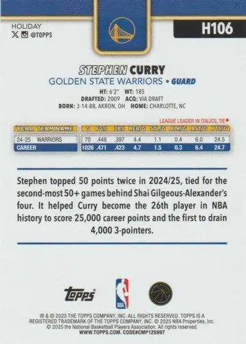 2025-26 Topps Holiday #H106 Stephen Curry NM-MT Warriors ID:80918 ID:80918 - Basketball Card Single