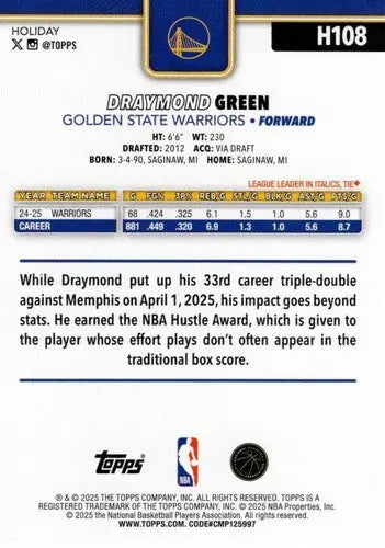 2025-26 Topps Holiday #H108 Draymond Green NM-MT Warriors ID:80919 - Basketball Card Single
