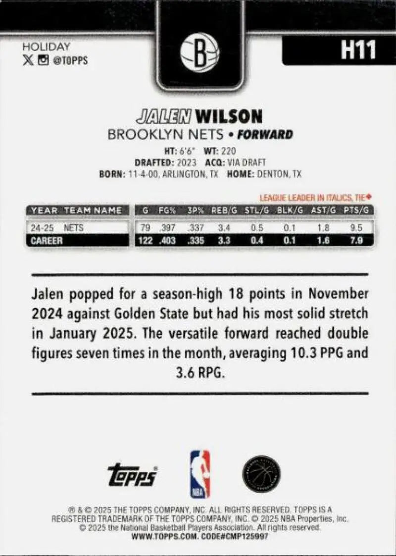 2025-26 Topps Holiday #H11 Jalen Wilson NM-MT Nets ID:80712 - Basketball Card Single