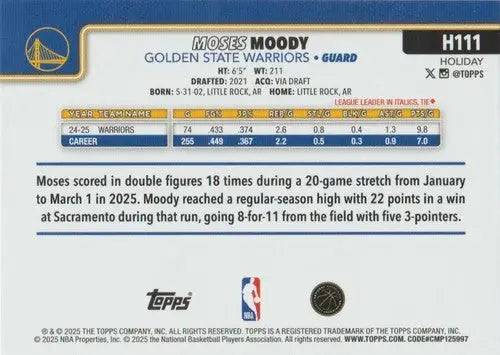 2025-26 Topps Holiday #H111 Moses Moody NM-MT Warriors ID:80961 - Basketball Card Single