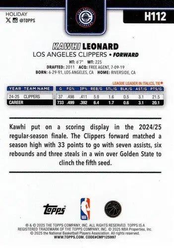 2025-26 Topps Holiday #H112 Kawhi Leonard NM-MT Clippers ID:80962 - Basketball Card Single