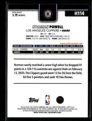 2025-26 Topps Holiday #H114 Norman Powell Base Los Angeles Clippers - Basketball Card Single