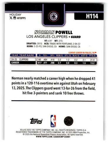 2025-26 Topps Holiday #H114 Norman Powell NM-MT Clippers ID:80360 - Basketball Card Single