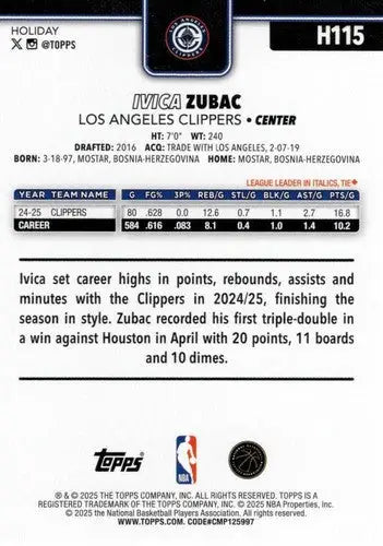 2025-26 Topps Holiday #H115 Ivica Zubac NM-MT Clippers ID:80964 - Basketball Card Single