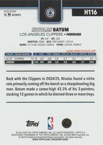 2025-26 Topps Holiday #H116 Nicolas Batum NM-MT Clippers ID:80965 - Basketball Card Single