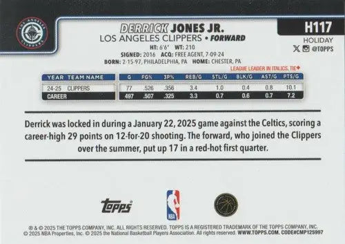 2025-26 Topps Holiday #H117 Derrick Jones Jr. NM-MT Clippers ID:80966 - Basketball Card Single