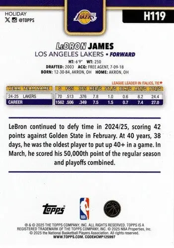 2025-26 Topps Holiday #H119 LeBron James NM-MT Lakers ID:80968 - Basketball Card Single