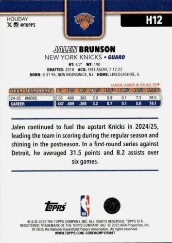 2025-26 Topps Holiday #H12 Jalen Brunson NM-MT Knicks ID:80713 - Basketball Card Single