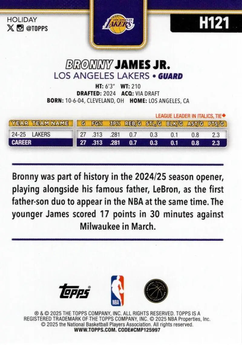 2025-26 Topps Holiday #H121 Bronny James Jr. NM-MT Lakers ID:80969 - Basketball Card Single