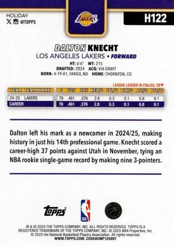 2025-26 Topps Holiday #H122 Dalton Knecht NM-MT Lakers ID:80970 - Basketball Card Single
