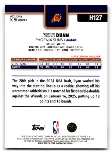 2025-26 Topps Holiday #H127 Ryan Dunn NM-MT Suns ID:79951 - Basketball Card Single