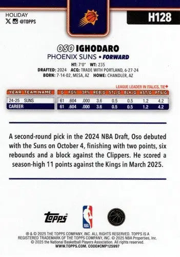 2025-26 Topps Holiday #H128 Oso Ighodaro NM-MT Suns ID:80973 - Basketball Card Single
