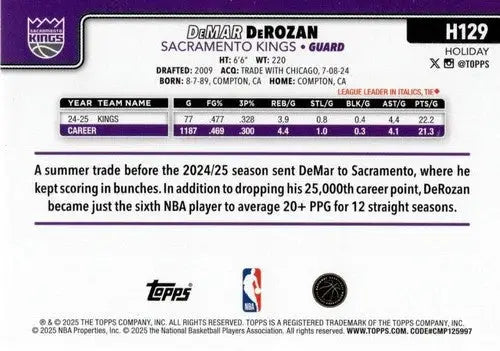 2025-26 Topps Holiday #H129 DeMar DeRozan NM-MT Sac Kings ID:80974 - Basketball Card Single