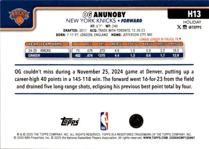 2025-26 Topps Holiday #H13 OG Anunoby Glitter Holiday - Basketball Card Single