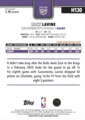 2025-26 Topps Holiday #H130 Zach LaVine NM-MT Sac Kings ID:80975 - Basketball Card Single