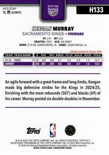 2025-26 Topps Holiday #H133 Keegan Murray NM-MT Sac Kings ID:80976 - Basketball Card Single