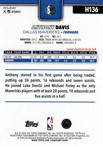 2025-26 Topps Holiday #H136 Anthony Davis NM-MT Mavericks ID:80978 - Basketball Card Single
