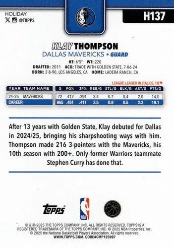 2025-26 Topps Holiday #H137 Klay Thompson NM-MT Mavericks ID:80979 - Basketball Card Single