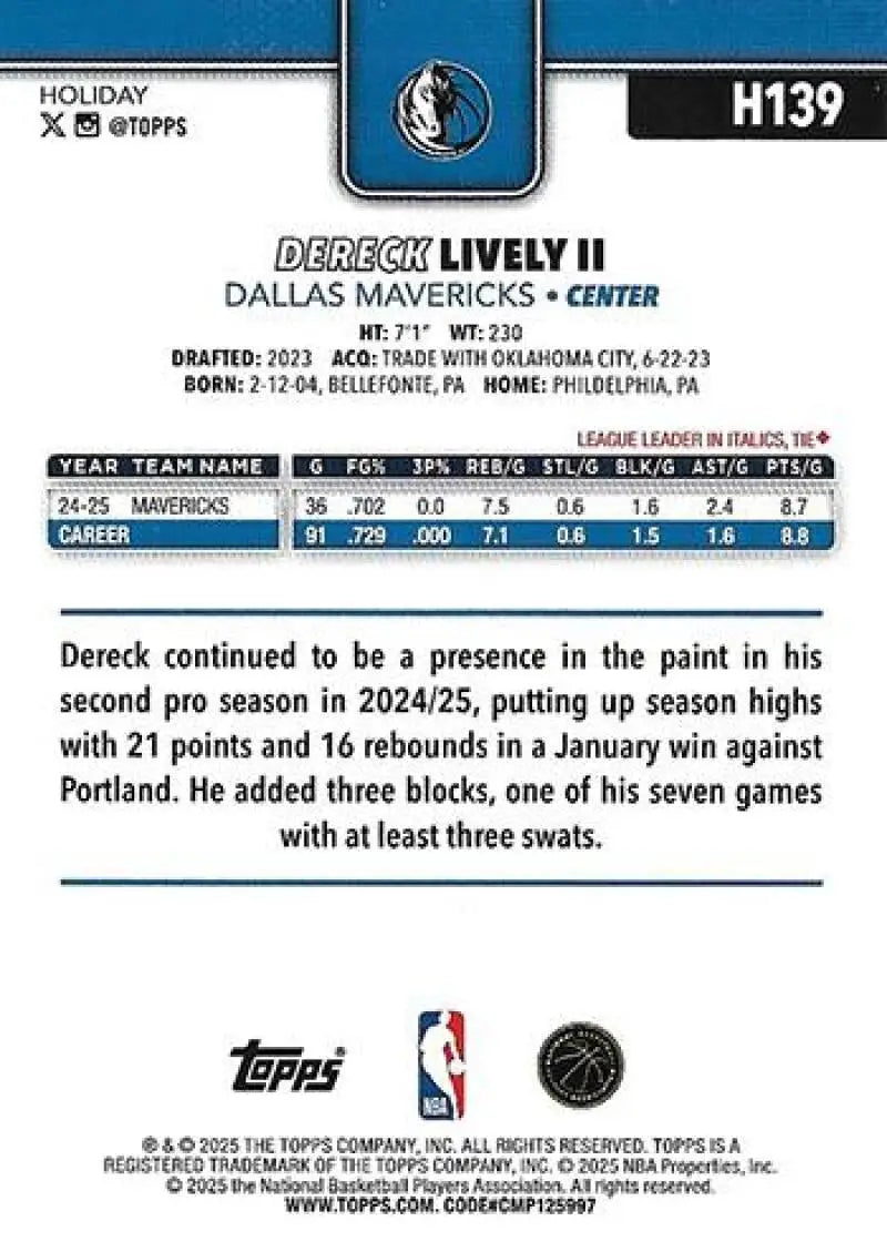 2025-26 Topps Holiday #H139 Dereck Lively II NM-MT Mavericks ID:80981 - Basketball Card Single