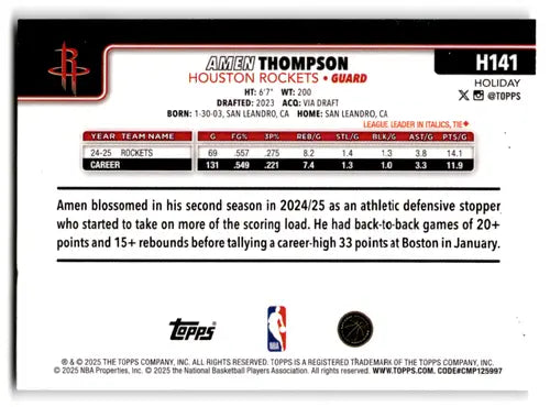 2025-26 Topps Holiday #H141 Amen Thompson NM-MT Rockets ID:80361 - Basketball Card Single