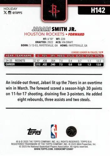 2025-26 Topps Holiday #H142 Jabari Smith Jr. NM-MT Rockets ID:80982 - Basketball Card Single